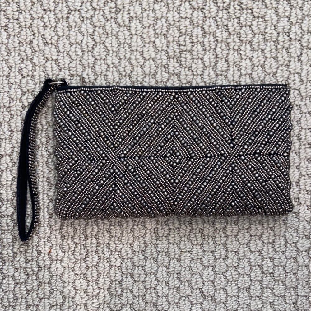 Silver Geometric Beaded Clutch/ Wristlet